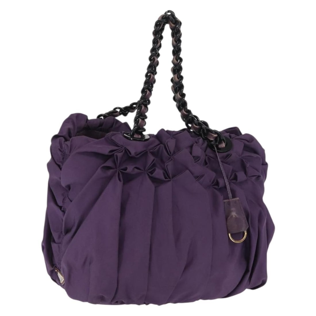 Prada Purple Nylon Tote with Gold Accents and Clochette: Prada Purple Nylon Tote with Gold Accents and Clochette This is a PRADA tote bag crafted from purple nylon with gold-tone accents. The bag features a spacious main compartment, dual top handles, and c