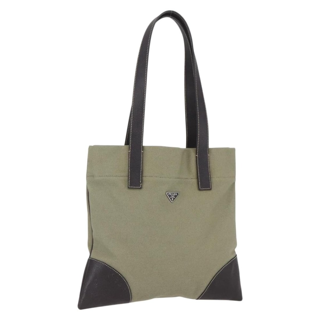 PRADA Khaki Silver Canvas Tote Bag Authentic 157785: PRADA Khaki Silver Canvas Tote Bag Authentic 157785 This authentic PRADA Tote Bag is crafted from durable khaki canvas with silver accents, making it a stylish and functional accessory. The bag measur