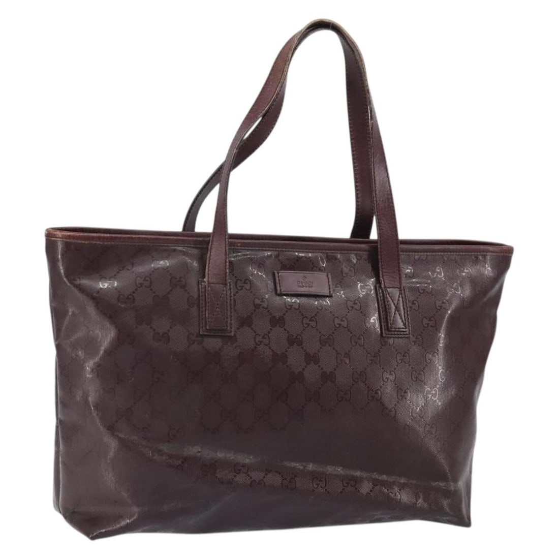 Gucci GG Canvas PVC Bordeaux Tote Bag Model 211137: Gucci GG Canvas PVC Bordeaux Tote Bag Model 211137 This GUCCI GG Implementation Tote Bag features a Bordeaux-colored exterior crafted from PVC leather and GG canvas. The spacious tote offers ample roo