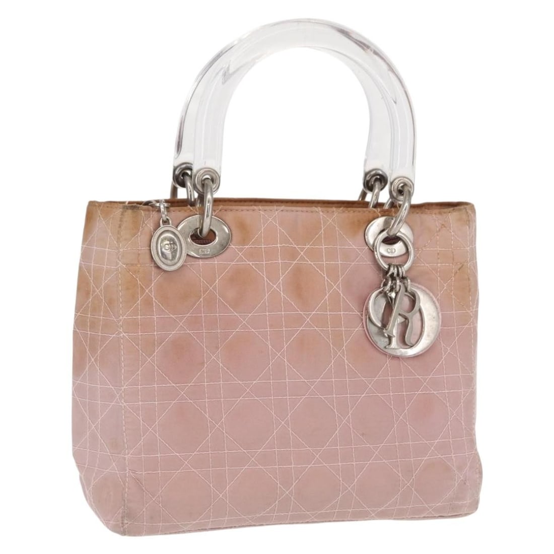 Lady Dior Pink Nylon Handbag with Silver Accents and Charm: Lady Dior Pink Nylon Handbag with Silver Accents and Charm This Christian Dior Lady Dior Canage handbag features a pink and silver nylon exterior with silver-tone hardware and an included charm access