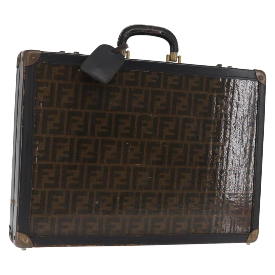 Fendi Zucca Canvas Black Brown Trunk Attache Case with Name Tag: Fendi Zucca Canvas Black Brown Trunk Attache Case with Name Tag This FENDI attache case features the iconic Zucca canvas in black and brown tones. Designed in a trunk style, it offers a spacious inter
