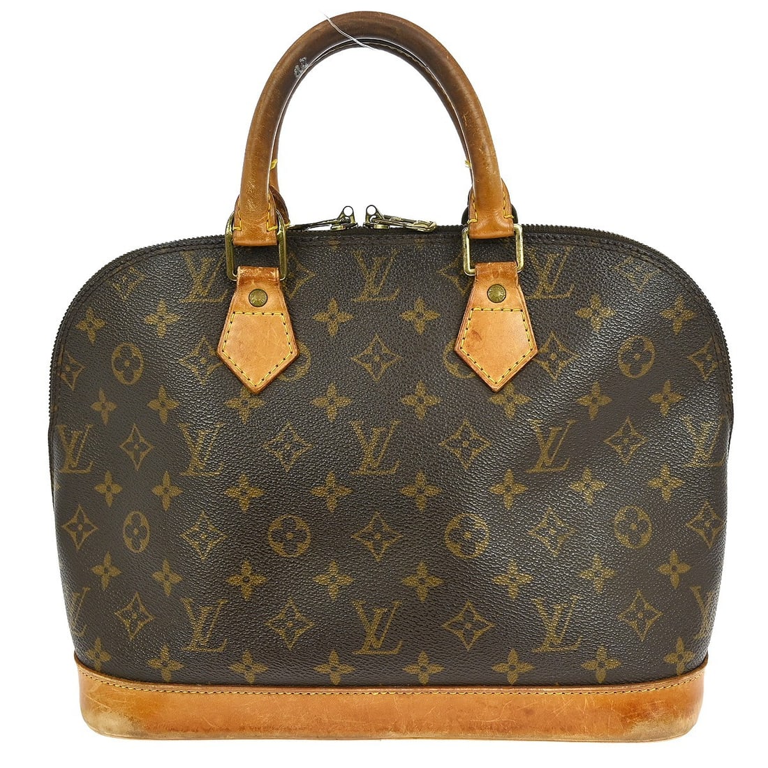 Louis Vuitton Alma Monogram Canvas Top Handle Bag M51130: Louis Vuitton Alma Monogram Canvas Top Handle Bag M51130 This Louis Vuitton Monogram Alma handbag features the iconic brown monogram canvas exterior with beige double handles and a zip closure. The me