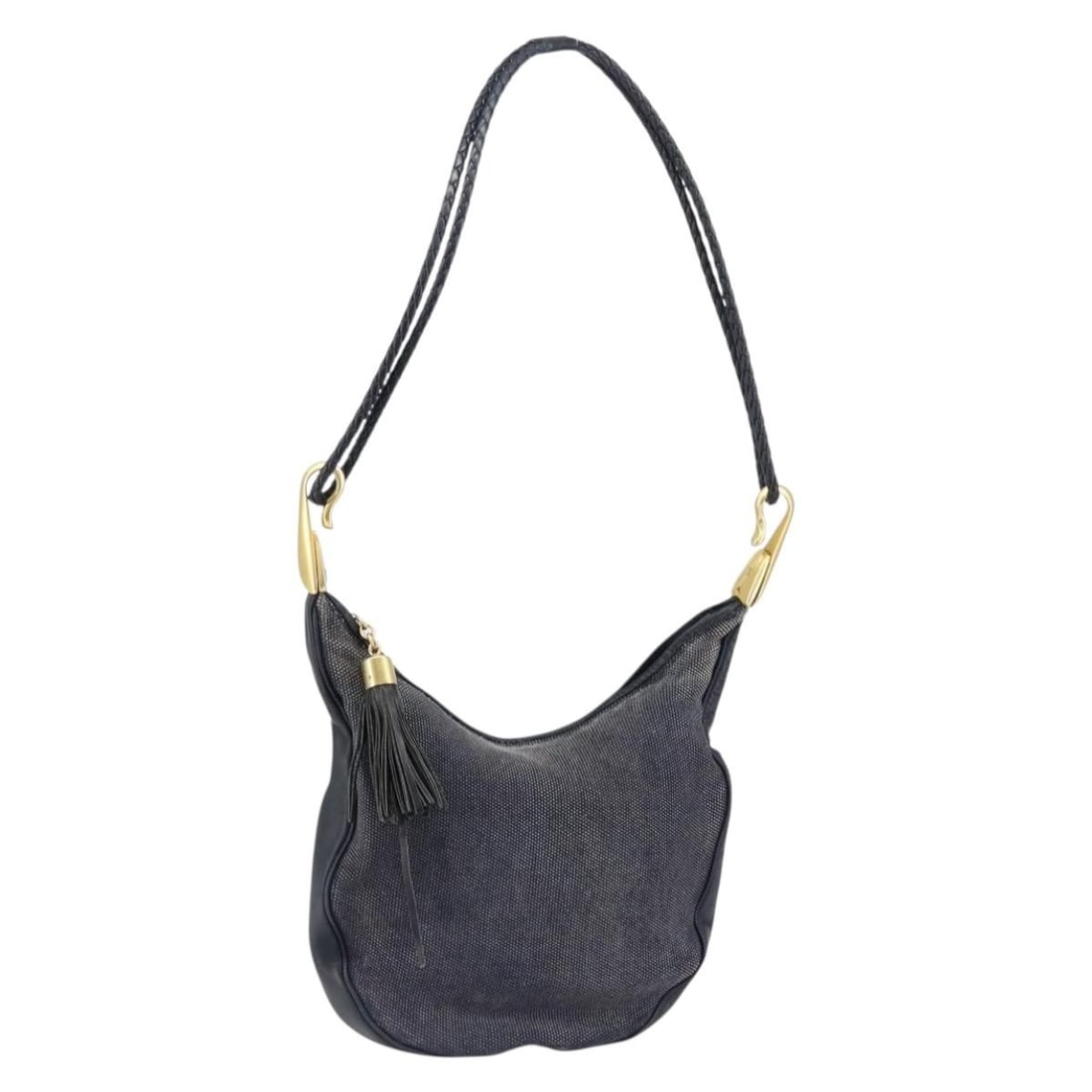 CELINE Navy Gold Canvas Shoulder Bag Made in Italy: CELINE Navy Gold Canvas Shoulder Bag Made in Italy This CELINE shoulder bag is a stylish accessory made from durable canvas in a chic navy and gold color scheme. With dimensions of approximately 9.8 i