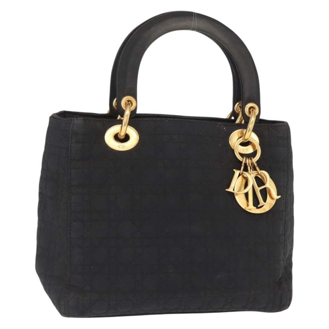 Lady Dior Black Nylon Handbag with Gold Tone Charm by Christian Dior: Lady Dior Black Nylon Handbag with Gold Tone Charm by Christian Dior This Lady Dior Canage handbag features a classic design crafted from black nylon with gold-tone accents. It is equipped with a stru