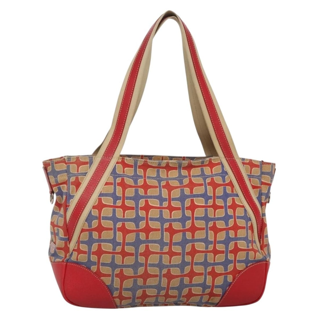 PRADA Red Canvas Tote Bag Gold Accents Made in Italy Auth 141096: PRADA Red Canvas Tote Bag Gold Accents Made in Italy Auth 141096 This authentic PRADA tote bag showcases a stylish combination of red canvas with silver accents. Crafted in Italy, this bag features a