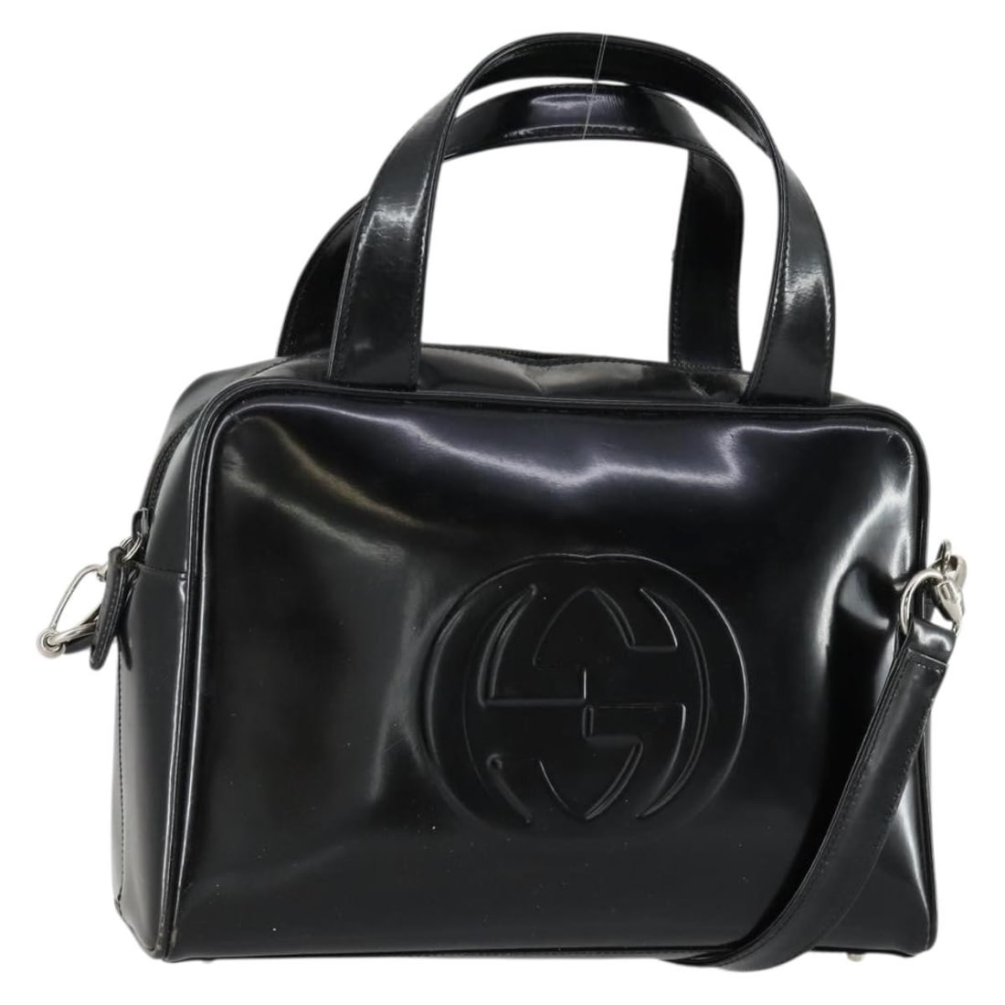 Black Enamel GUCCI Soho 2way Handbag with Silver Details and Strap: Black Enamel GUCCI Soho 2way Handbag with Silver Details and Strap This GUCCI Soho handbag features a two-way design crafted in black and silver enamel. Made in Italy, it offers versatility with both