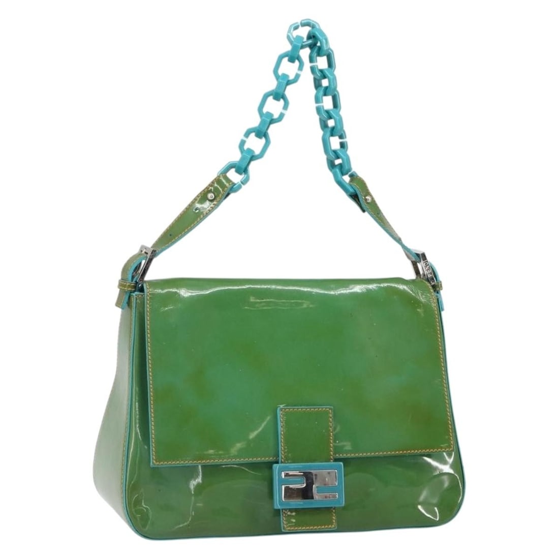 Green Patent Leather Mamma Baguette Shoulder Bag by Fendi Italy: Green Patent Leather Mamma Baguette Shoulder Bag by Fendi Italy This FENDI Mamma Baguette shoulder bag features a green and silver patent leather exterior and is crafted in Italy. The bag shows signif