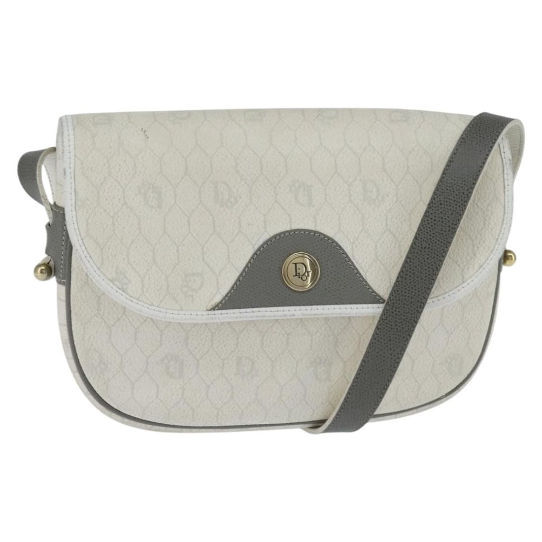 Christian Dior Honeycomb Canvas Shoulder Bag PVC White Gold Auth BA7505: Christian Dior Honeycomb Canvas Shoulder Bag PVC White Gold Auth BA7505 This Christian Dior Honeycomb Canvas Shoulder Bag combines elegance with functionality. Crafted in France, the bag features a st