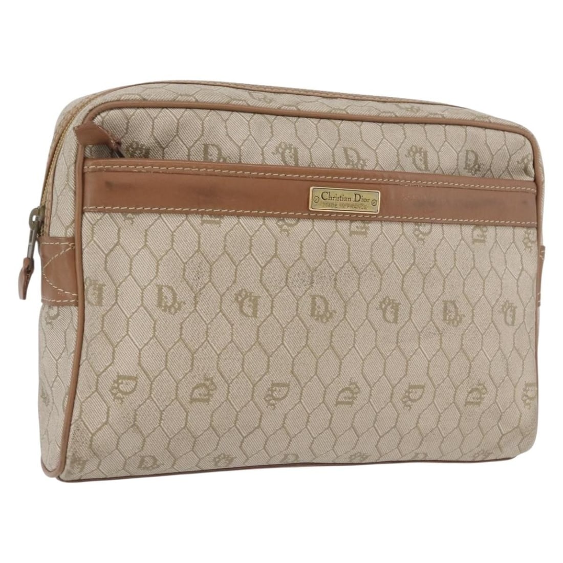 Beige Honeycomb Canvas PVC Christian Dior Clutch Bag Gold Accents France: Beige Honeycomb Canvas PVC Christian Dior Clutch Bag Gold Accents France This Christian Dior clutch bag features a signature honeycomb canvas design with beige and gold tones. Crafted from durable PVC