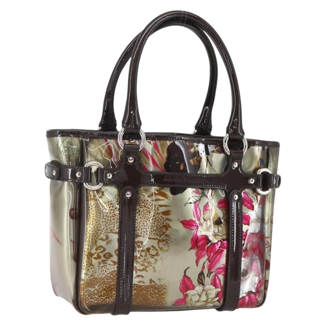 Animal Motif Vinyl Shoulder Bag by Salvatore Ferragamo in Brown Gold Silver: Animal Motif Vinyl Shoulder Bag by Salvatore Ferragamo in Brown Gold Silver This Salvatore Ferragamo hand bag features a distinctive animal pattern in brown, gold, and silver tones. Crafted from vinyl