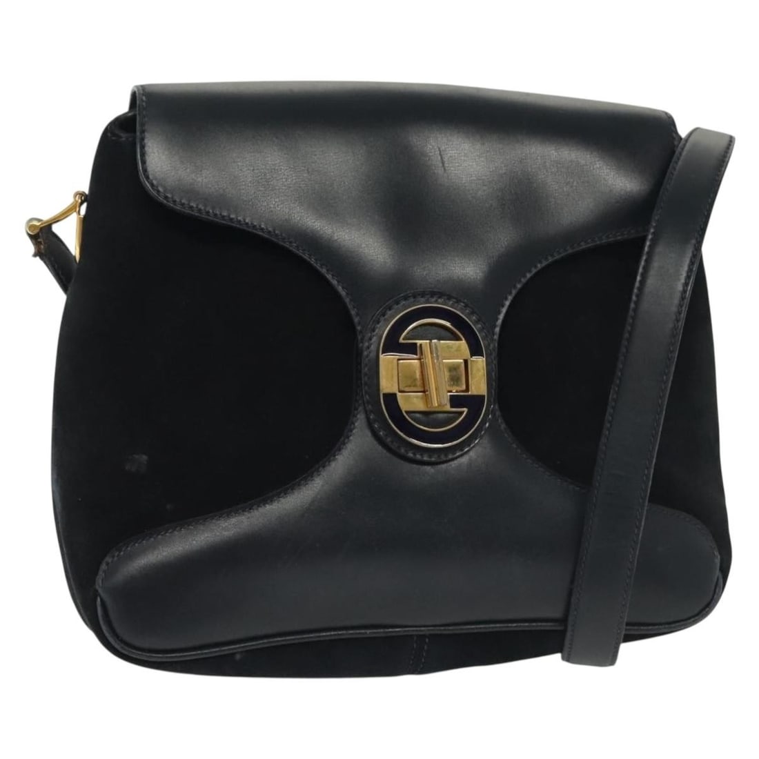 GUCCI Navy Gold Suede Shoulder Bag Made in Italy: GUCCI Navy Gold Suede Shoulder Bag Made in Italy This GUCCI shoulder bag is a stylish addition to your collection. Crafted in Italy from luxurious navy suede with gold accents, it exudes elegance and