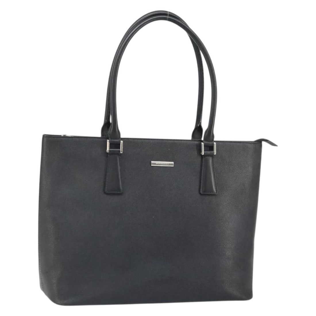 Black Leather Tote by Burberry Silver Accents: Black Leather Tote by Burberry Silver Accents This is a BURBERRY tote bag crafted from black leather with silver-tone accents. The bag is designed in a classic tote style and was made in Italy. It fea