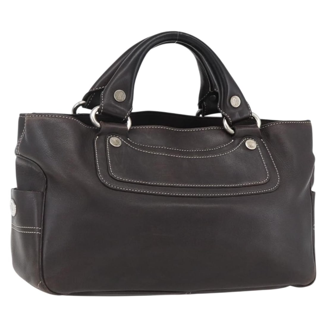 Dark Brown Leather CELINE Boogie Handbag with Silver Hardware: Dark Brown Leather CELINE Boogie Handbag with Silver Hardware This CELINE Boogie handbag is crafted from dark brown leather with silver-tone hardware. It features a structured silhouette with a handle
