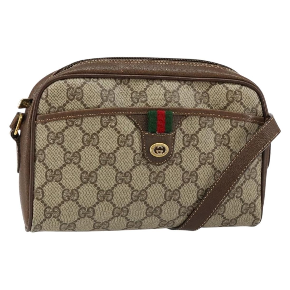 GUCCI GG Canvas Sherry Line Beige Red Shoulder Bag PVC Leather Auth: GUCCI GG Canvas Sherry Line Beige Red Shoulder Bag PVC Leather Auth This authentic Gucci GG Canvas Web Sherry Line Shoulder Bag is a stylish accessory made in Italy. Crafted from durable PVC leather a