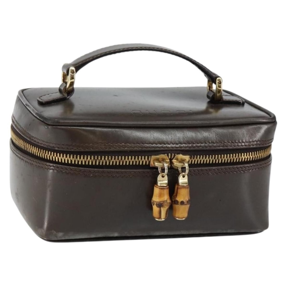GUCCI Bamboo Vanity Hand Bag Leather Brown Gold 032 1705 0151 Auth: GUCCI Bamboo Vanity Hand Bag Leather Brown Gold 032 1705 0151 Auth Elevate your accessory collection with this authentic GUCCI Bamboo Vanity Hand Bag, crafted in Italy from premium leather. This styli