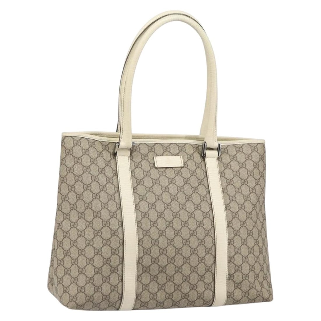 Beige Silver GG Supreme Tote by Gucci PVC Leather Model 114288: Beige Silver GG Supreme Tote by Gucci PVC Leather Model 114288 This GUCCI GG Supreme tote bag features a beige and silver PVC leather and GG canvas exterior. The bag has a spacious interior and a clas