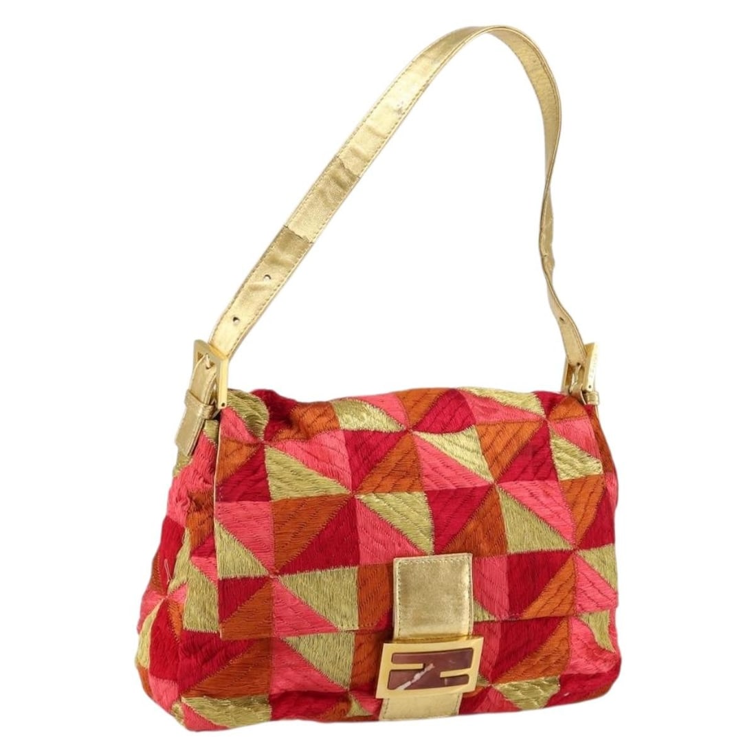 Fendi Mamma Baguette Shoulder Bag Satin Red Gold Made in Italy: Fendi Mamma Baguette Shoulder Bag Satin Red Gold Made in Italy This stunning Fendi Mamma Baguette Shoulder Bag is crafted from luxurious satin in a striking red and gold color combination. With dimens