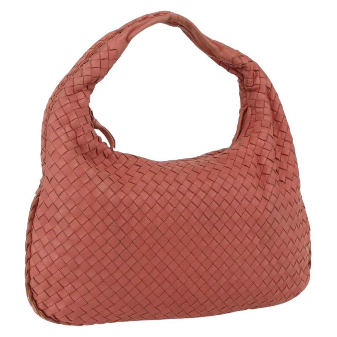 Pink Leather Intrecciato Shoulder Bag by Bottega Veneta: Pink Leather Intrecciato Shoulder Bag by Bottega Veneta This Bottega Veneta Intrecciato hobo shoulder bag is crafted from pink leather with silver-tone accents. Made in Italy, the bag features a woven