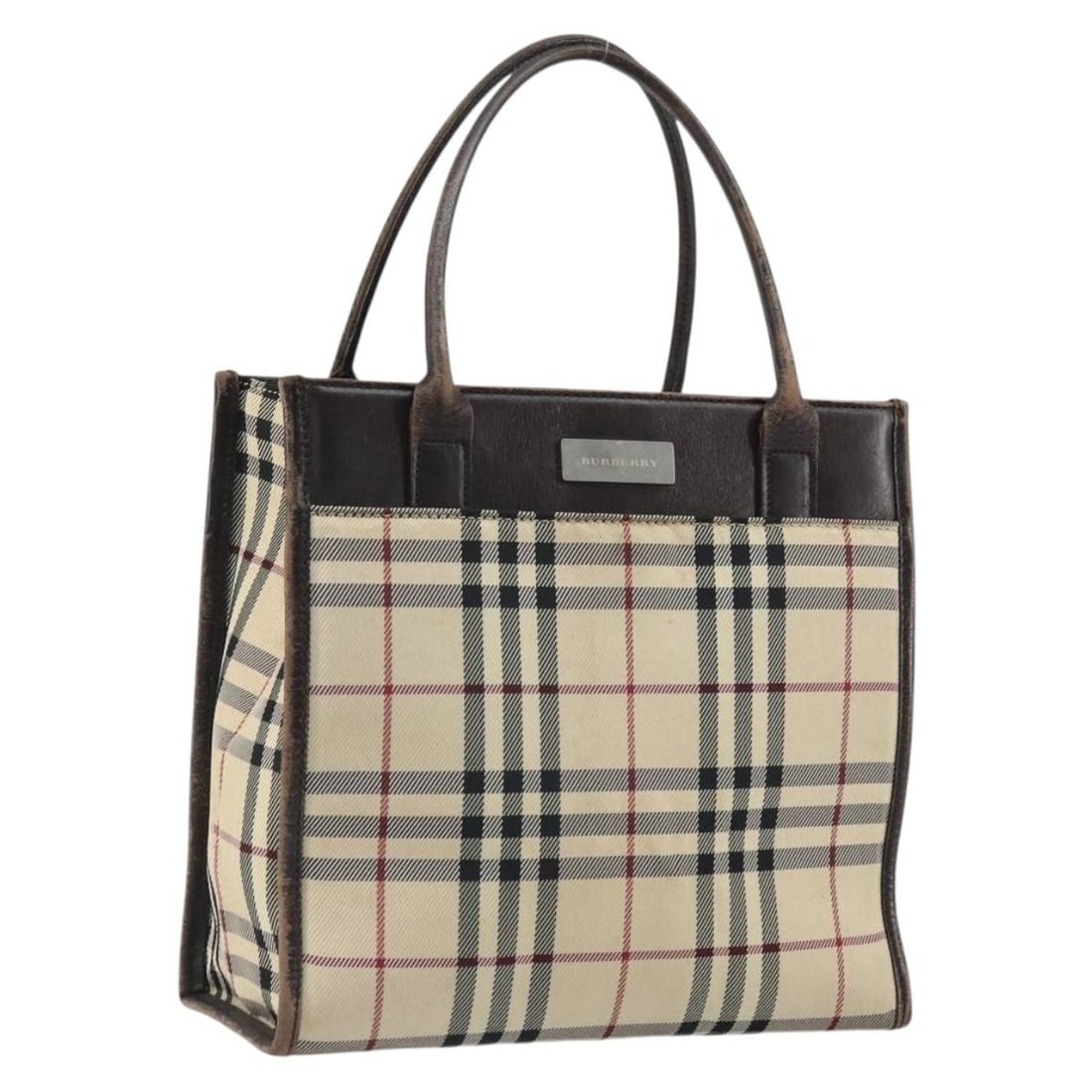 Blue Silver Canvas Nova Check Handbag by Burberry: Blue Silver Canvas Nova Check Handbag by Burberry This Burberry Nova Check hand bag features a classic blue and silver canvas exterior with signature styling. The bag is heavily used, showing signs of