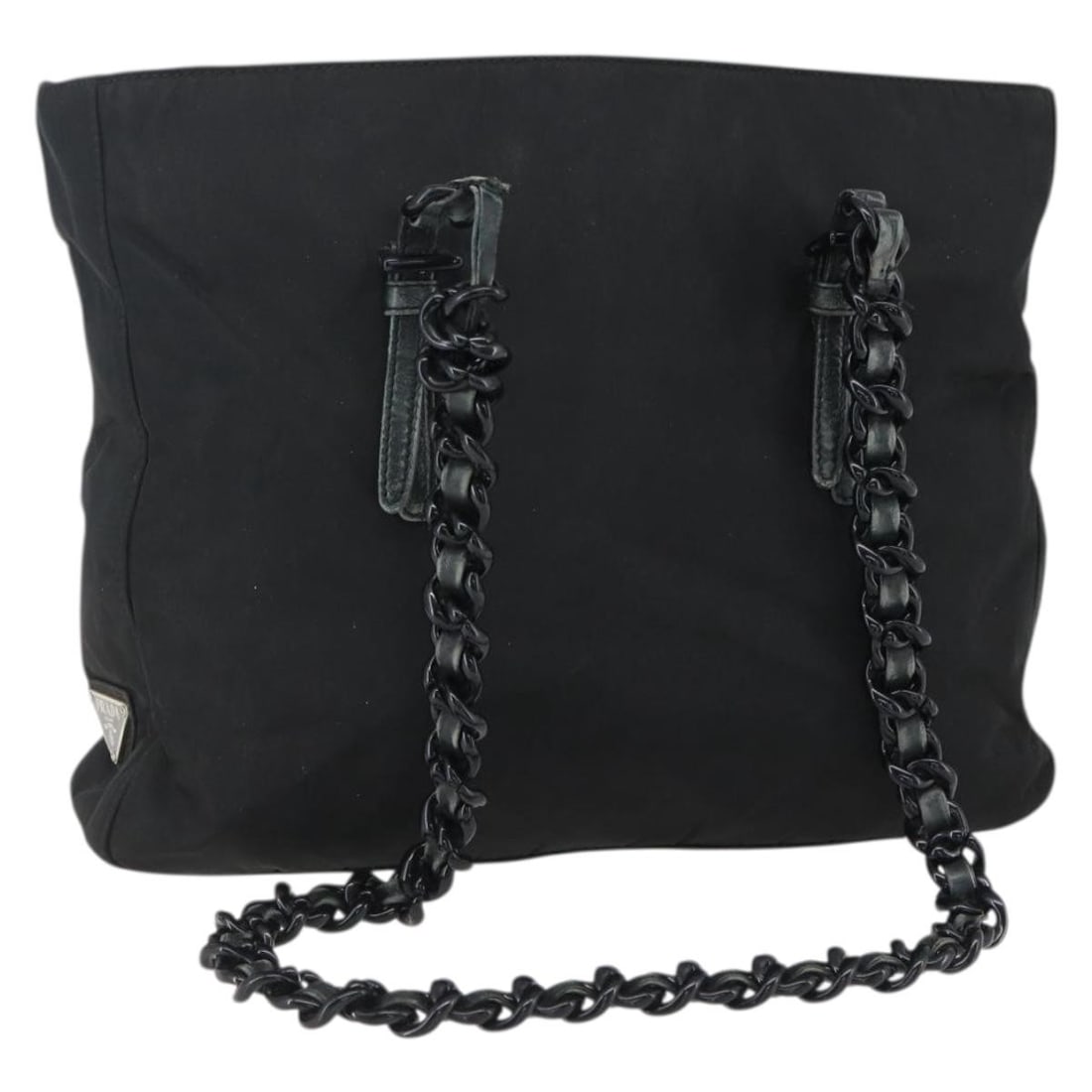 Black Nylon PRADA Shoulder Bag with Chain Strap and Guarantee Card: Black Nylon PRADA Shoulder Bag with Chain Strap and Guarantee Card This PRADA chain shoulder bag is crafted from black nylon and features a classic, versatile design. The bag includes a shoulder strap