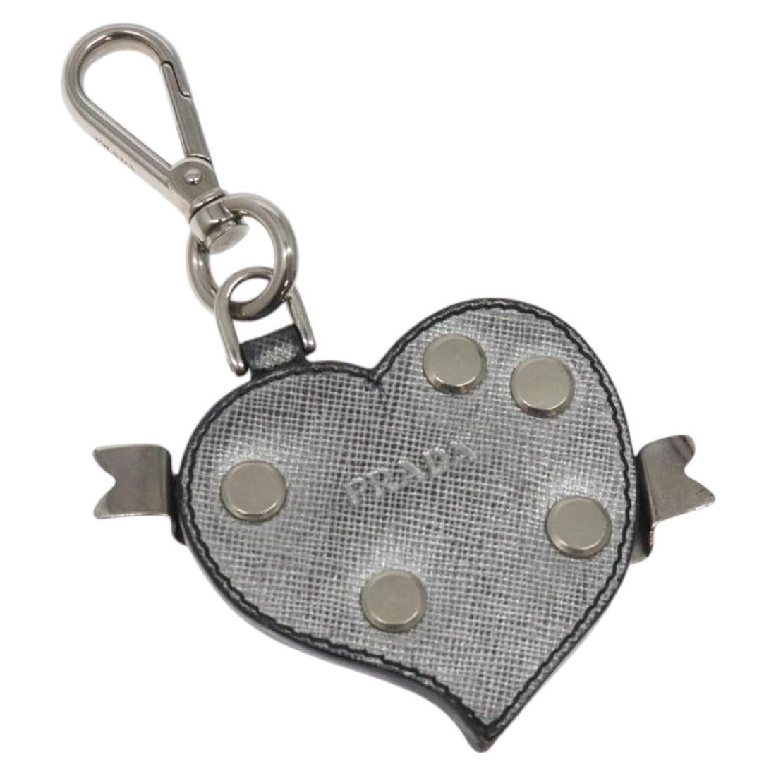 PRADA Silver Saffiano Leather Charm Authentic Accessory: PRADA Silver Saffiano Leather Charm Authentic Accessory Elevate your accessory collection with this PRADA Charm, crafted from luxurious Saffiano leather in a sleek silver color. Measuring approximatel