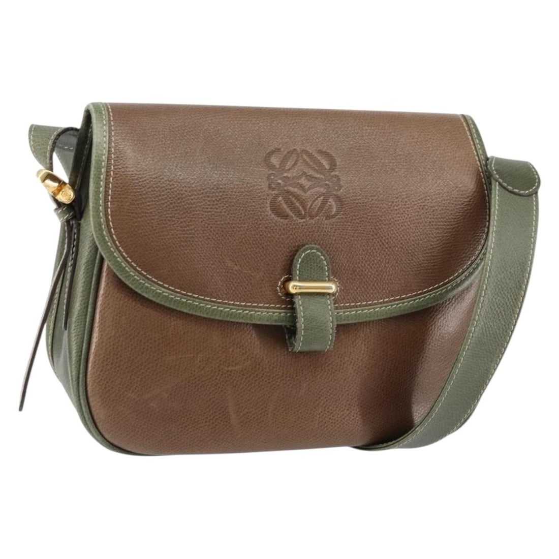 LOEWE Gold Brown Leather Anagram Shoulder Bag Authenticated: LOEWE Gold Brown Leather Anagram Shoulder Bag Authenticated This LOEWE Anagram Shoulder Bag is a stylish accessory crafted from high-quality leather. The bag features a striking gold and brown color c