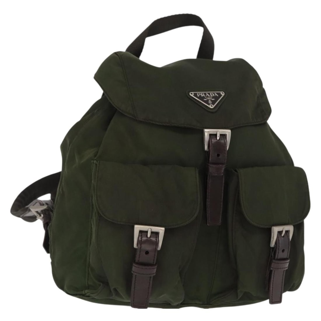 Prada Khaki Nylon Backpack with Silver Accents Made in Italy: Prada Khaki Nylon Backpack with Silver Accents Made in Italy This PRADA backpack features a khaki nylon exterior with silver-tone accents. Made in Italy, the bag is designed for daily use and shows si