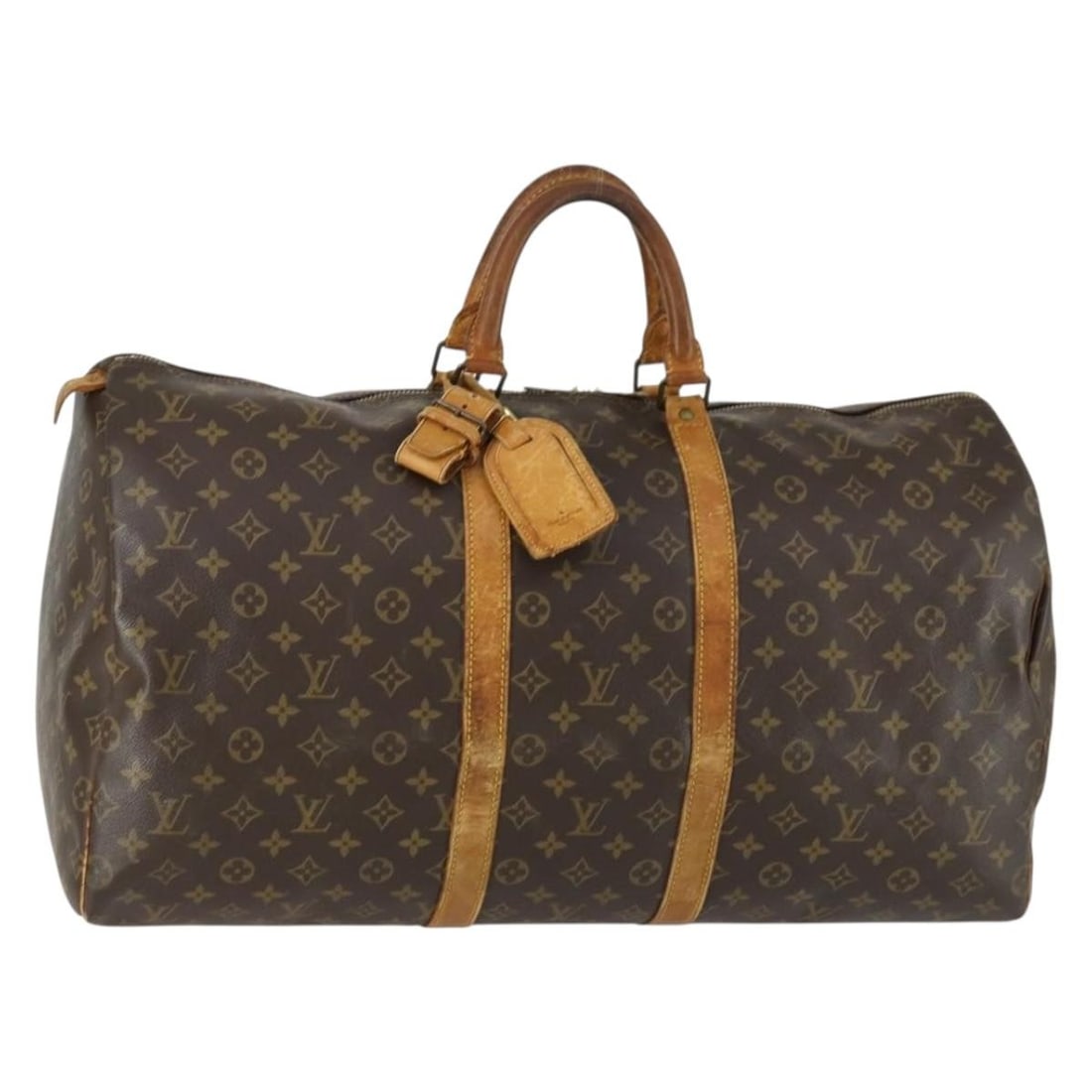 Louis Vuitton Keepall 55 Monogram Canvas Boston Bag M41424 with Name Tag: Louis Vuitton Keepall 55 Monogram Canvas Boston Bag M41424 with Name Tag This is a Louis Vuitton Monogram Keepall 55 Boston Bag, crafted from monogram canvas with leather trim. The bag features a spac