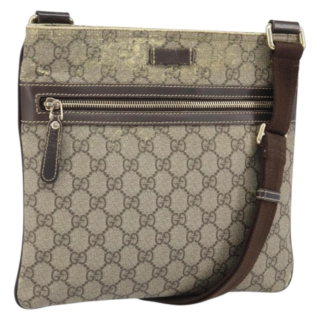 Beige Gold GG Supreme PVC Gucci Shoulder Bag Model 295257: Beige Gold GG Supreme PVC Gucci Shoulder Bag Model 295257 This Gucci GG Supreme shoulder bag features beige and gold tones with a PVC leather and GG canvas exterior. Crafted in Italy, it measures appr