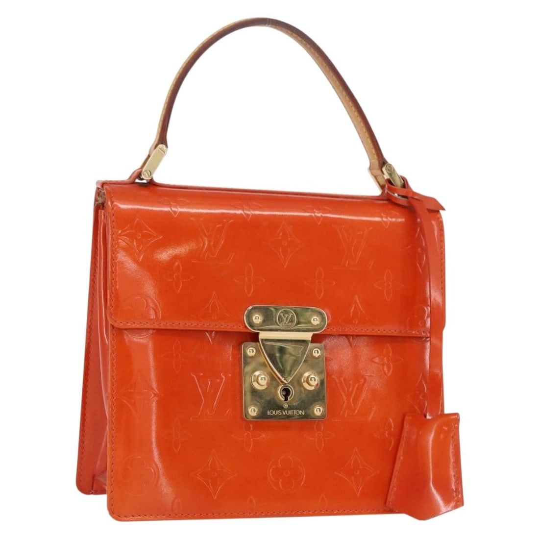 Orange Monogram Vernis Spring Street Patent Leather Handbag by Louis Vuitton M91025: Orange Monogram Vernis Spring Street Patent Leather Handbag by Louis Vuitton M91025 This Louis Vuitton Monogram Vernis Spring Street handbag features a vibrant orange patent leather exterior. The bag