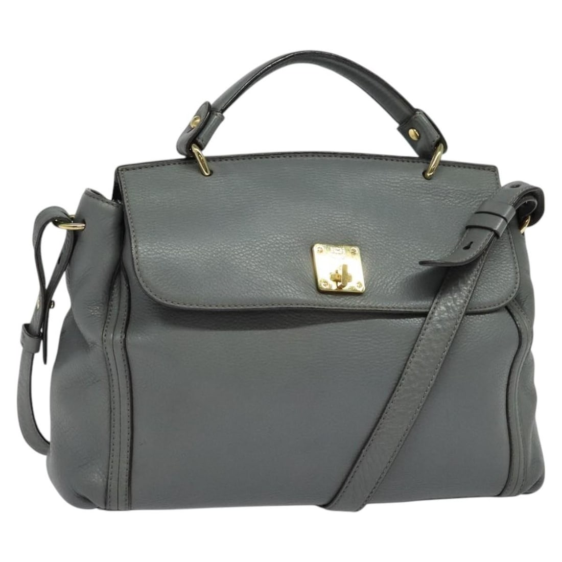 MCM Gray Leather Two Way Handbag Gold Accents Korea: MCM Gray Leather Two Way Handbag Gold Accents Korea This MCM 2-way handbag features a gray and gold leather exterior, offering versatile carry options with both handle and shoulder strap. The bag is m
