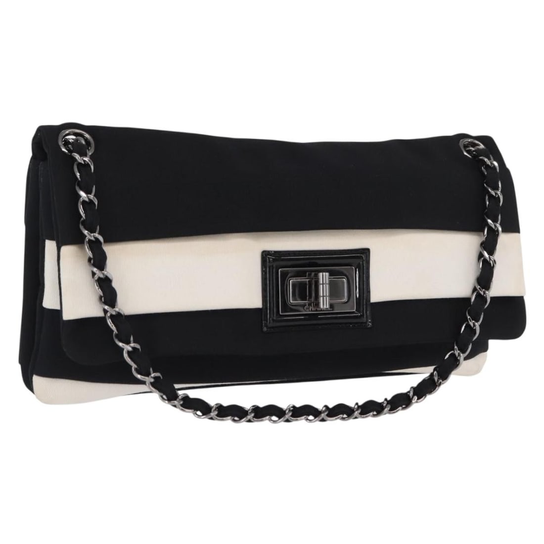 CHANEL Black Nylon 2.55 Shoulder Bag with Silver CC Logo and Chain Strap (1 of 18)