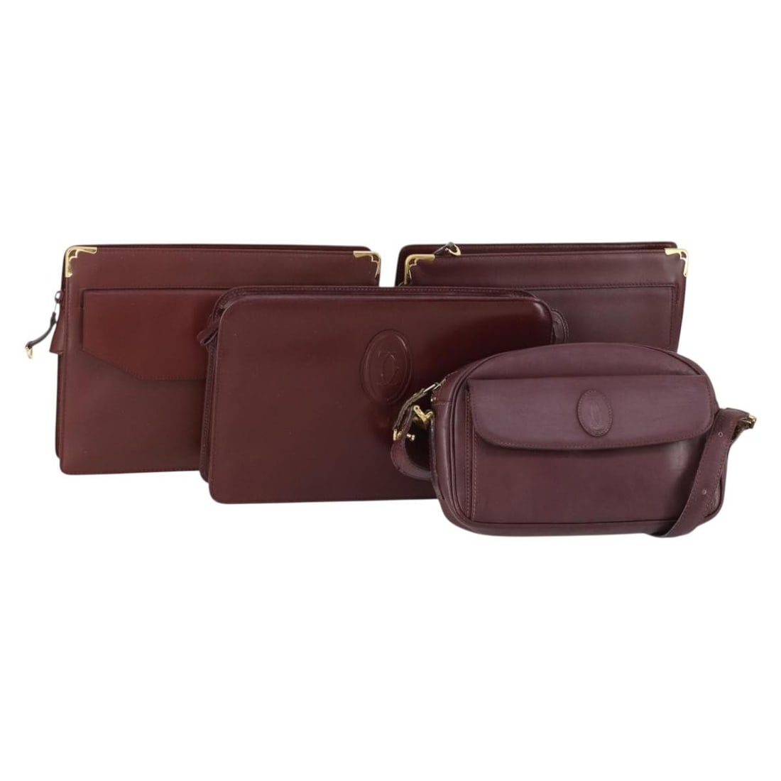 CARTIER Must Line Leather Clutch Bag Set Bordeaux Gold Authentic: CARTIER Must Line Leather Clutch Bag Set Bordeaux Gold Authentic This exquisite CARTIER Must Line Clutch Bag set includes four luxurious pieces crafted from high-quality leather in a stunning bordeaux