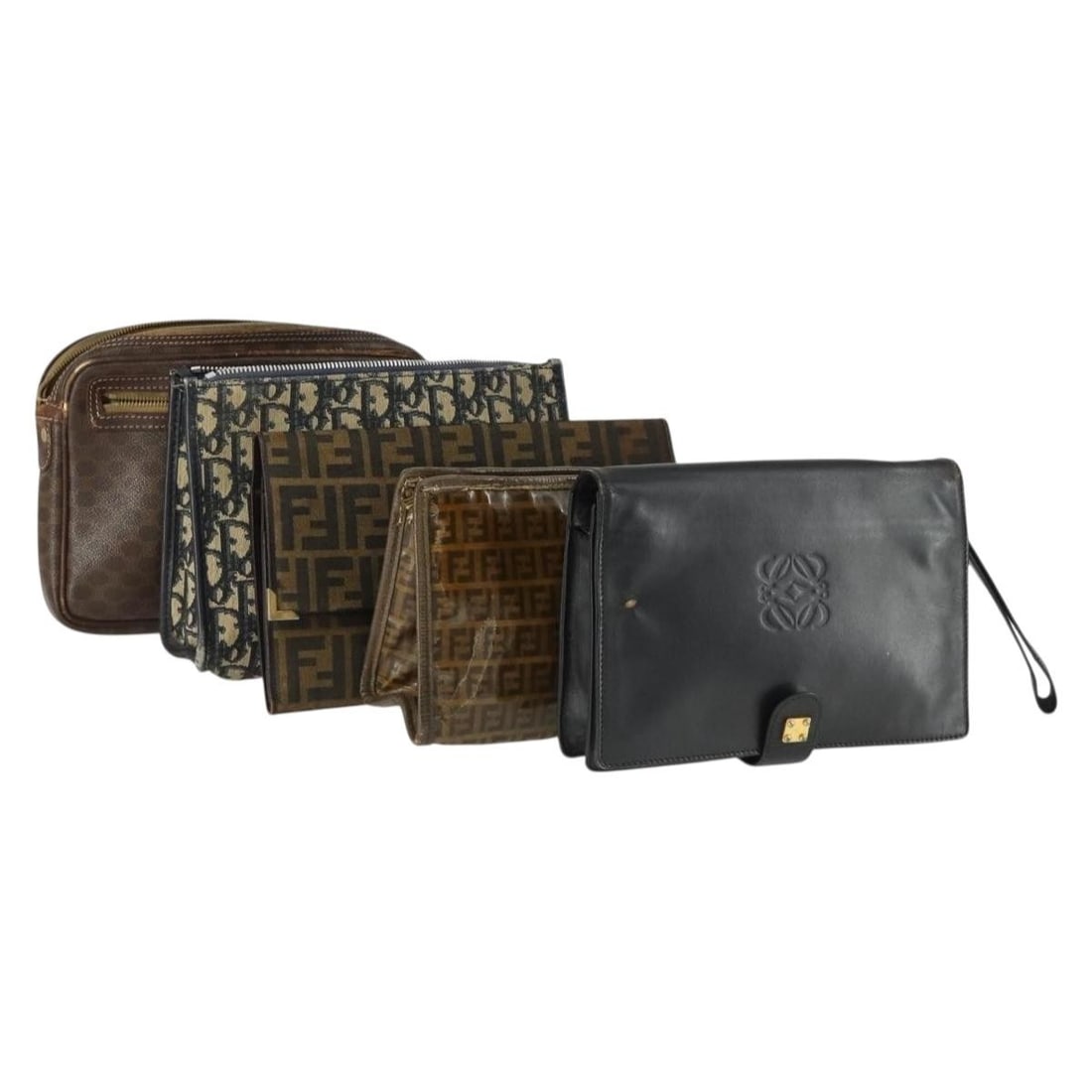 Set of 5 Christian Dior Leather Clutch Bags in Brown Black and Navy: Set of 5 Christian Dior Leather Clutch Bags in Brown Black and Navy This is a set of five clutch bags made from leather in brown, black, and navy. The set includes bags from Christian Dior, Celine, Fe