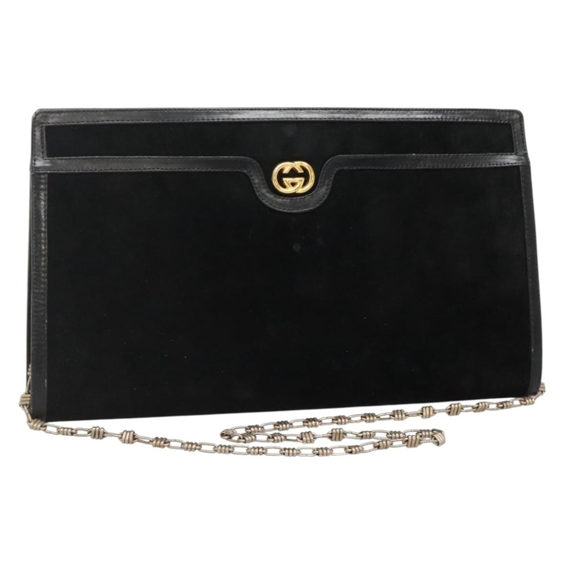GUCCI Black Gold Suede Chain Shoulder Bag Italy 140787: GUCCI Black Gold Suede Chain Shoulder Bag Italy 140787 This GUCCI Chain Shoulder Bag is a stylish accessory crafted from high-quality black suede, complemented by elegant gold accents. Designed in Ita