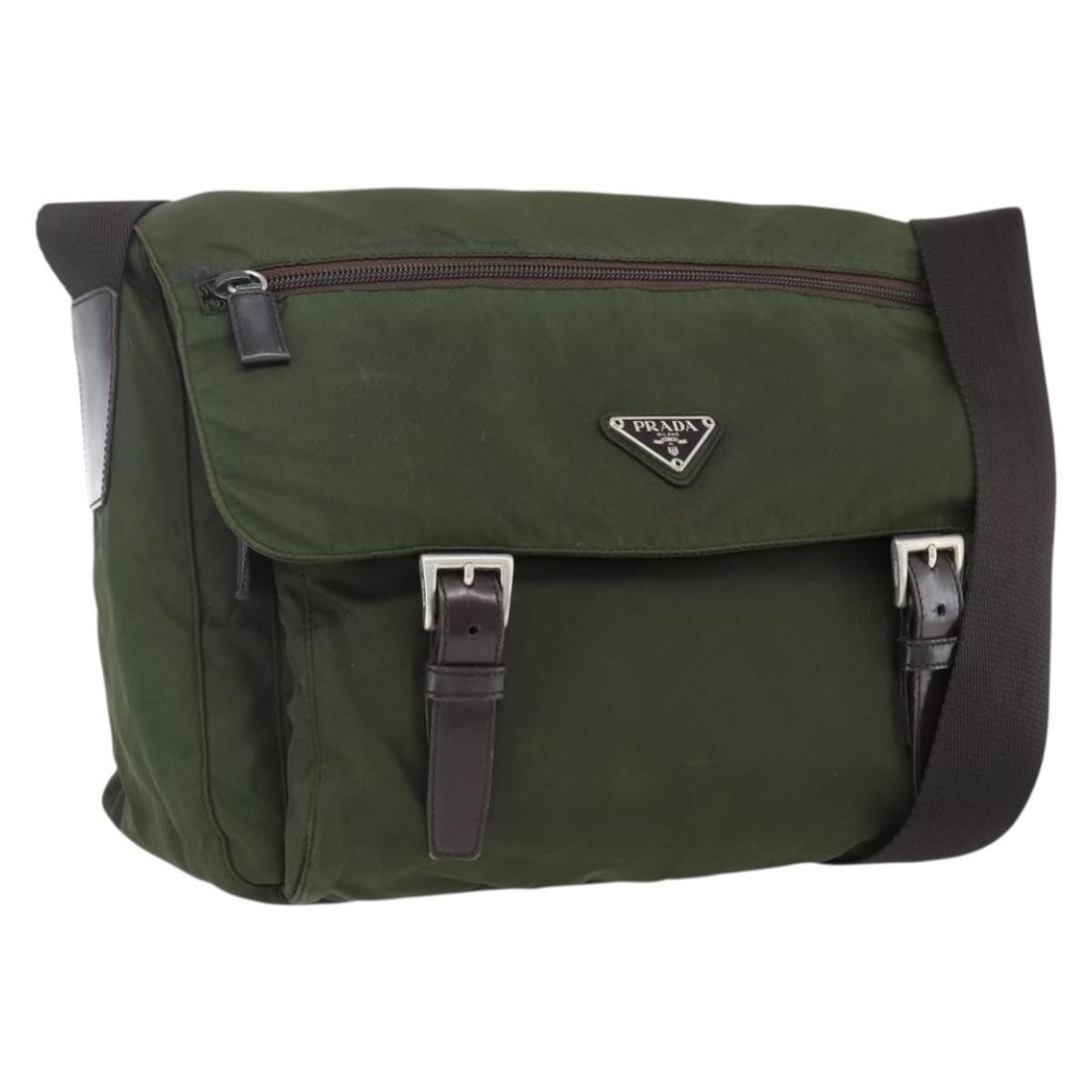 Khaki Nylon Prada Shoulder Bag with Silver Hardware Made in Italy: Khaki Nylon Prada Shoulder Bag with Silver Hardware Made in Italy This Prada shoulder bag features a khaki nylon exterior with silver-tone metal fittings. Designed and made in Italy, the bag offers a