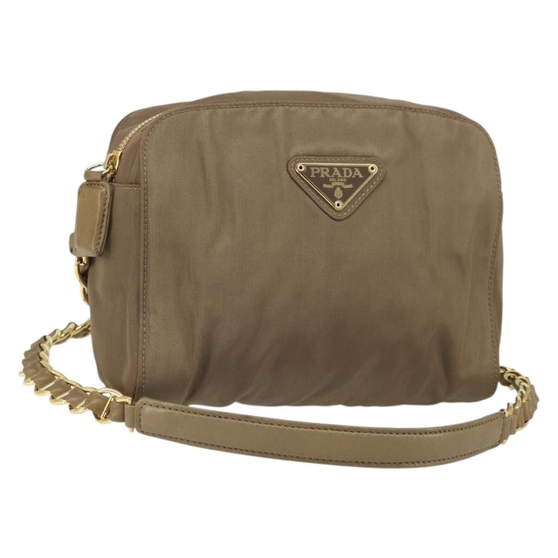 Prada Brown and Gold Nylon Chain Shoulder Bag with Guarantee Card: Prada Brown and Gold Nylon Chain Shoulder Bag with Guarantee Card This PRADA shoulder bag is crafted from brown nylon with gold-tone accents. It features a chain shoulder strap and is made in Italy. T