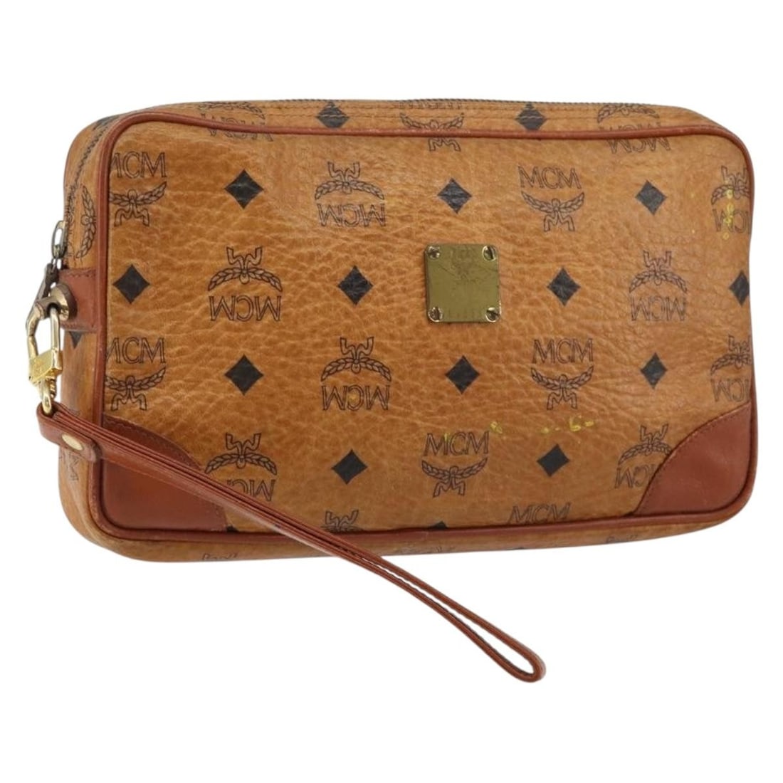MCM Logogram Vicetos Clutch Bag Brown Gold PVC Leather: MCM Logogram Vicetos Clutch Bag Brown Gold PVC Leather Elevate your accessory collection with this MCM Logogram Vicetos Clutch Bag, crafted from durable PVC leather in a sophisticated brown and gold c