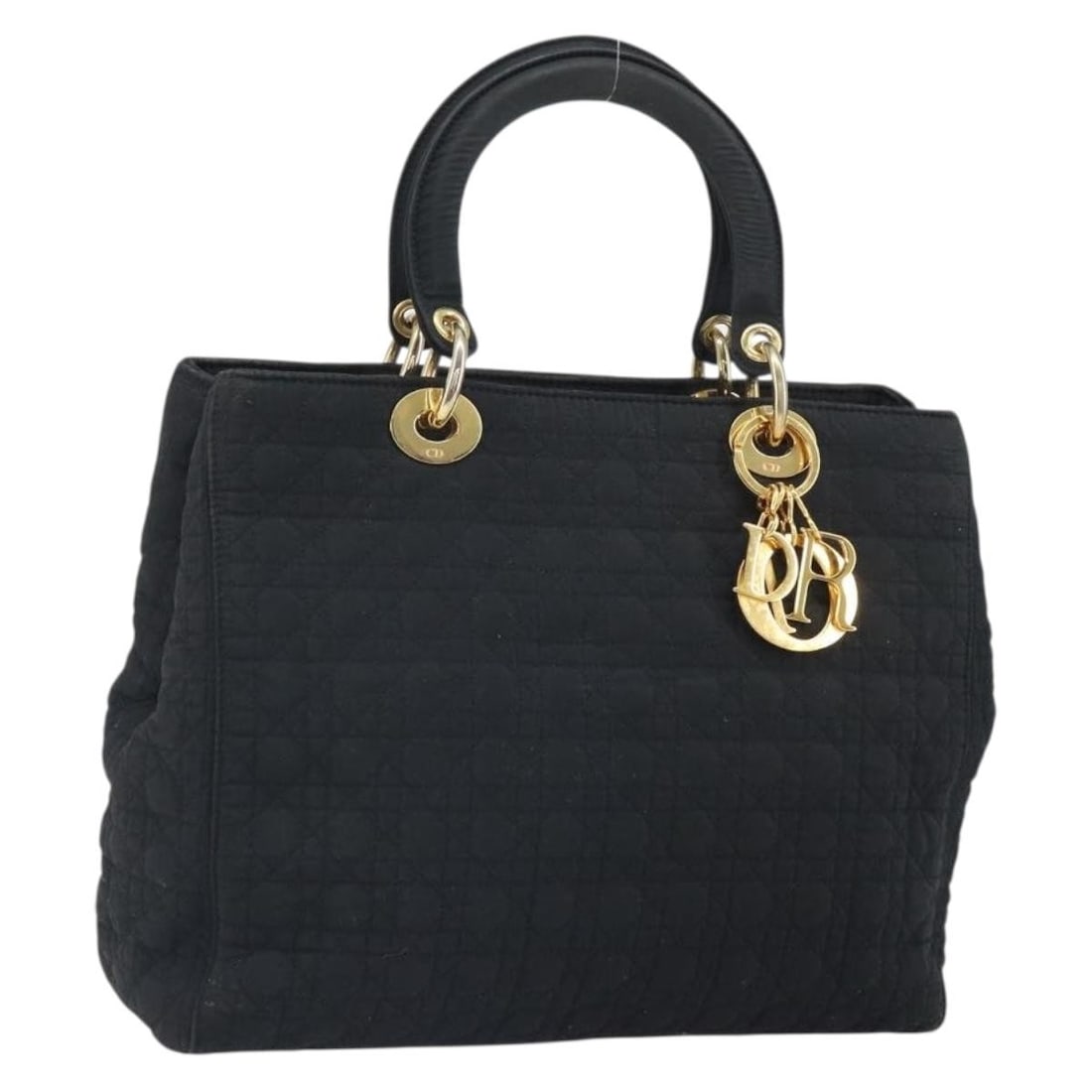 Lady Dior Black Nylon Handbag with Gold Accents and Charm: Lady Dior Black Nylon Handbag with Gold Accents and Charm This Christian Dior Lady Dior Canage handbag features a black nylon exterior with gold-tone accents. It is designed with dual top handles and