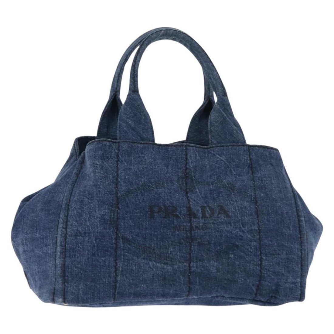 PRADA Canapa MM Hand Bag Denim Blue Gold Canvas Authentic: PRADA Canapa MM Hand Bag Denim Blue Gold Canvas Authentic The PRADA Canapa MM Hand Bag in Denim Blue and Gold is a stylish accessory crafted in Italy, featuring a durable canvas exterior. This hand ba