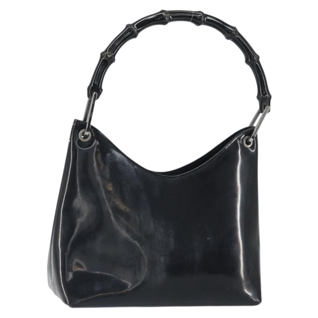 Patent Leather Silver Black GUCCI Bamboo Handbag Model 001 1998 3008: Patent Leather Silver Black GUCCI Bamboo Handbag Model 001 1998 3008 This GUCCI Bamboo handbag features a striking silver and black patent leather exterior with bamboo-style handles. Crafted in Italy,