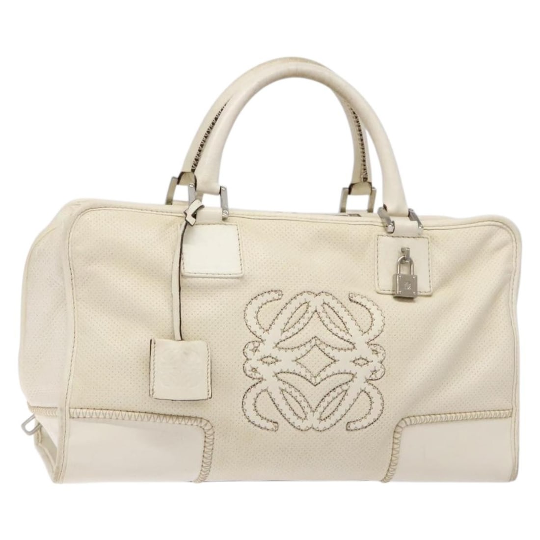 LOEWE Anagram Amazona 36 White Silver Leather Hand Bag Auth: LOEWE Anagram Amazona 36 White Silver Leather Hand Bag Auth Introducing the LOEWE Anagram Amazona 36 Hand Bag, a stunning and sophisticated accessory crafted in Spain. This exquisite handbag is made f