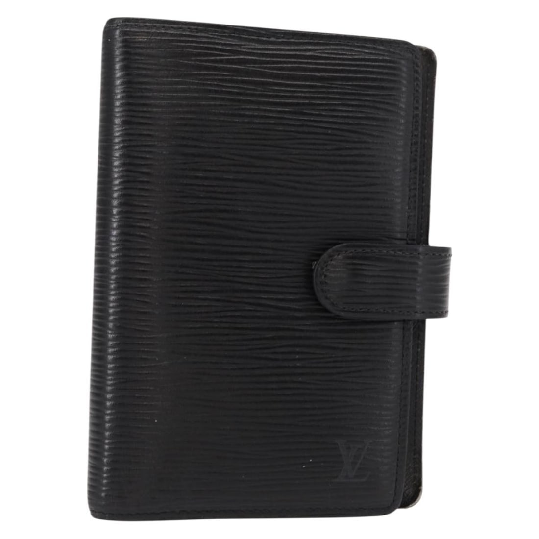 Black Epi Leather Agenda PM Day Planner by Louis Vuitton R20052: Black Epi Leather Agenda PM Day Planner by Louis Vuitton R20052 This Louis Vuitton Epi Agenda PM Day Planner Cover in black is crafted from Epi leather and features a button clasp closure. Designed fo