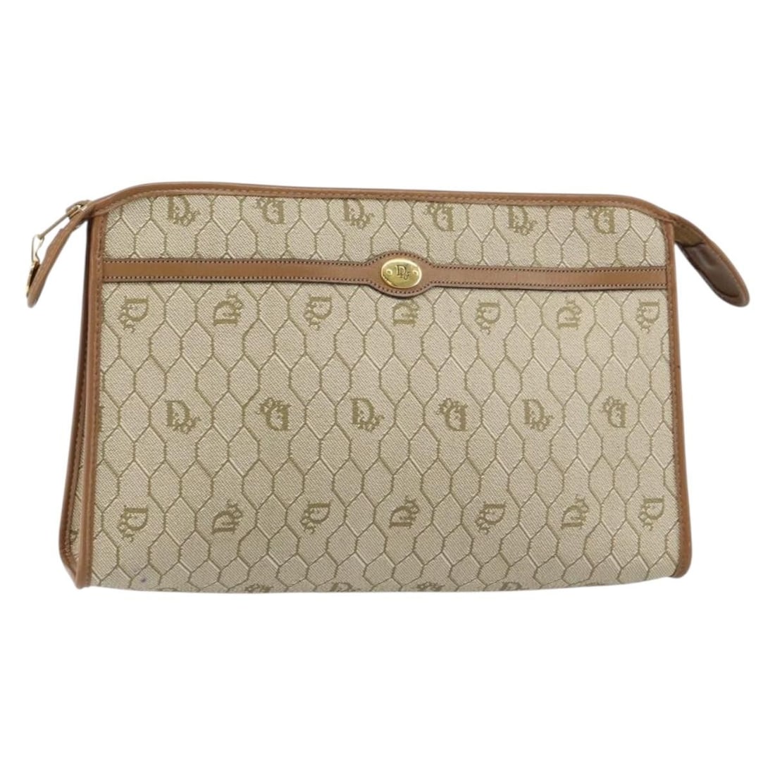 Beige Honeycomb Canvas Christian Dior PVC Leather Clutch Bag Gold Tone France: Beige Honeycomb Canvas Christian Dior PVC Leather Clutch Bag Gold Tone France This Christian Dior clutch bag features the signature honeycomb canvas design in beige and gold tones, complemented by PVC