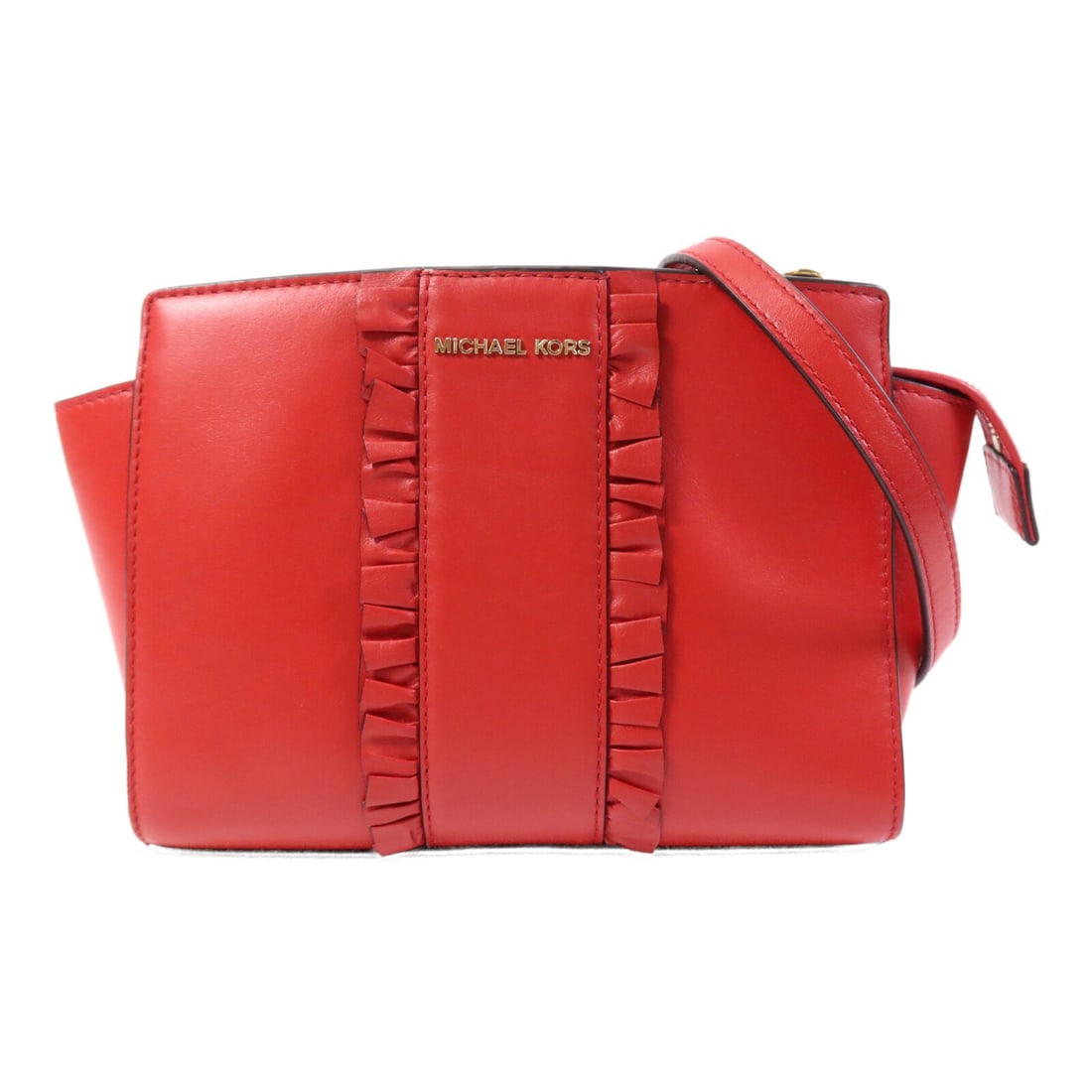 Red Calfskin Michael Kors Shoulder Bag with Gold Hardware: Red Calfskin Michael Kors Shoulder Bag with Gold Hardware This Michael Kors shoulder bag is crafted from red calfskin leather and features a classic design. It offers a regular size with a structured