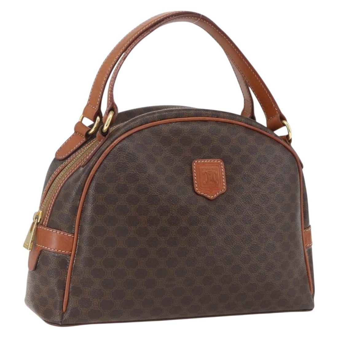 Celine Brown Macadam Canvas PVC Leather Handbag Gold Detail Italy: Celine Brown Macadam Canvas PVC Leather Handbag Gold Detail Italy This Celine Macadam canvas handbag features brown and gold PVC leather with signature Macadam canvas accents. Crafted in Italy, the ba