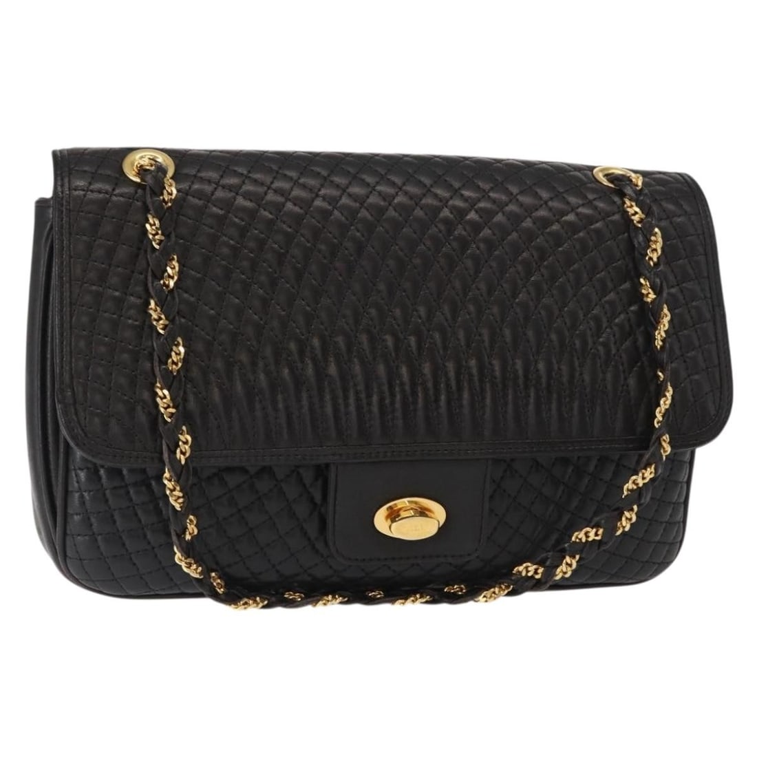 BALLY Black Gold Leather Shoulder Bag Italy Auth 156131 (1 of 18)