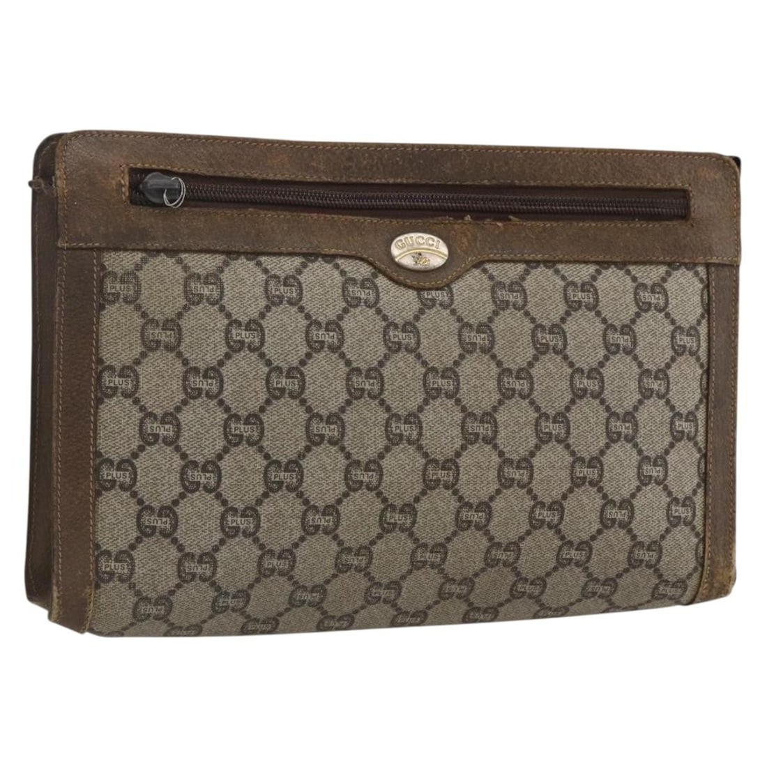 Beige Gold GG Supreme PVC Clutch by Gucci: Beige Gold GG Supreme PVC Clutch by Gucci This Gucci GG Plus Supreme clutch bag features a beige and gold color scheme with PVC leather and GG canvas exterior. The bag is made in Italy and is designed