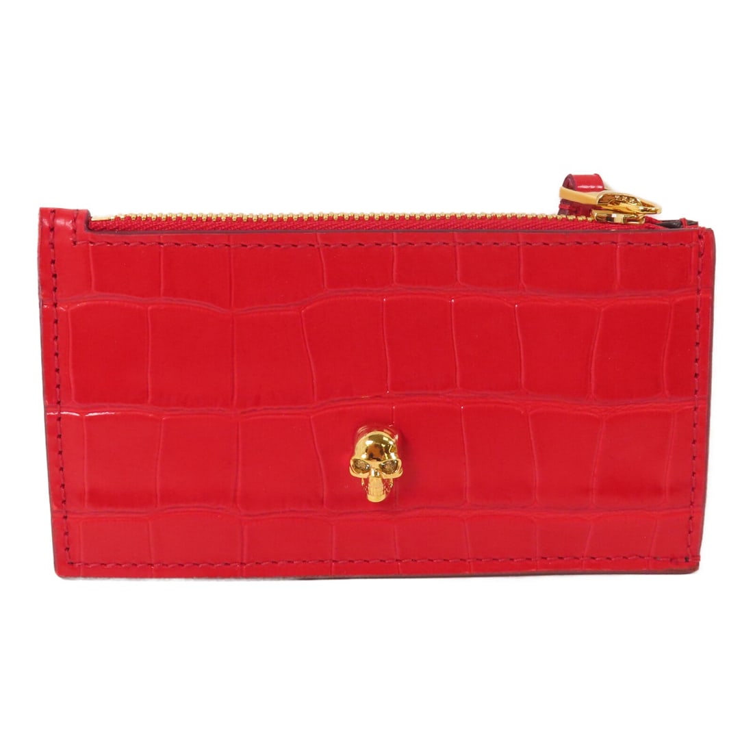 Alexander McQueen Red Leather Card Case with Gold Hardware: Alexander McQueen Red Leather Card Case with Gold Hardware This Alexander McQueen card case features a sleek design crafted from high-quality red leather. The card holder is accented with gold-tone ha