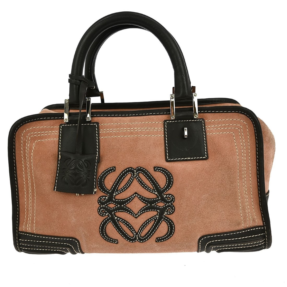 Loewe Amazona 28 Pink Suede Medium Top Handle Bag with Double Handles: Loewe Amazona 28 Pink Suede Medium Top Handle Bag with Double Handles The Loewe Amazona 28 handbag features a pink suede leather exterior with double leather handles and a zip closure. This medium-siz